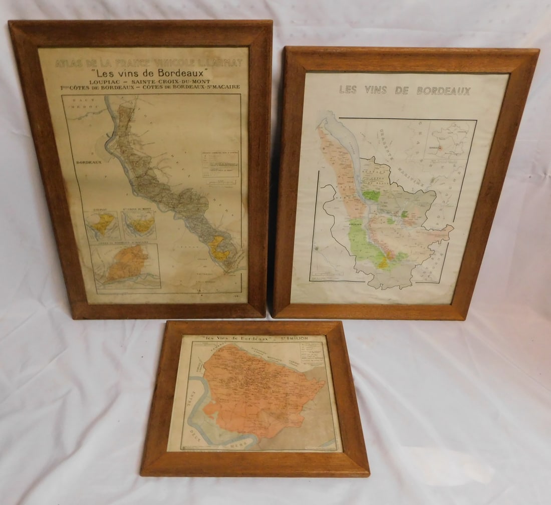 ESTATE OF SEYMOUR STEIN: 3 FRAMED MAPS OF BORDEAUX FRENCH WINES, LARGEST 27 1/2" X 19 1/2" (1 of 9)