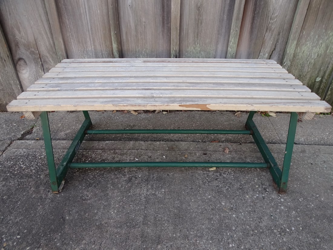 ESTATE OF SEYMOUR STEIN: VINTAGE SLAT  BENCH 15" X 38" X 18 1/2" (1 of 13)