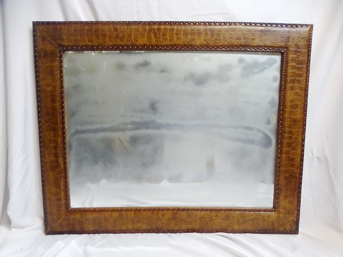FAUX CROCODILE FRAMED MIRROR WITH NAILHEAD DETAIL 39X49: FAUX CROCODILE FRAMED MIRROR WITH NAILHEAD DETAIL 39X49