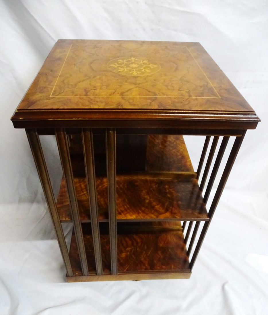 ROTATING BOOKSTAND WITH BURLED WOOD AND INLAY 31 X 18.5 X 18.5 (1 of 9)