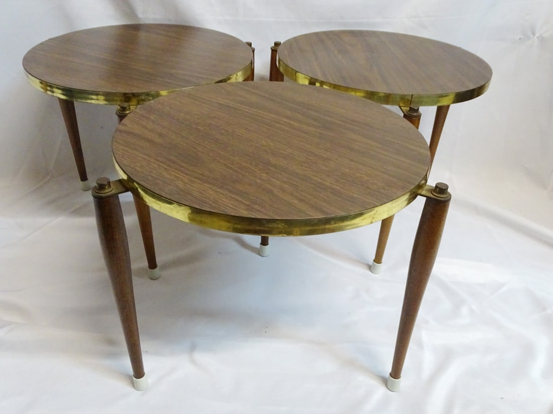 MIDCENTURY MODERN ROUND STACKING TABLES WITH WALNUT LEGS, BRASS TRIM, FORMICA TOP, 15.5 X 17 DIA. (1 of 12)