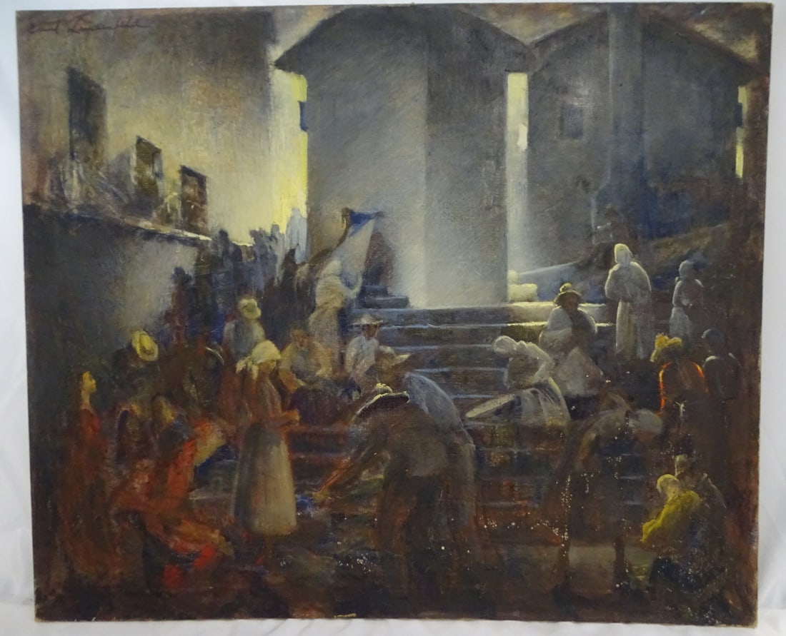 EMIL LINDENFELD (1905-1986), HUNGARIAN "CONTROLUCE", PAINTING OF WORKERS, 30X36 (U 240): EMIL LINDENFELD (1905-1986), HUNGARIAN "CONTROLUCE", PAINTING OF WORKERS, 30X36 (U 240)