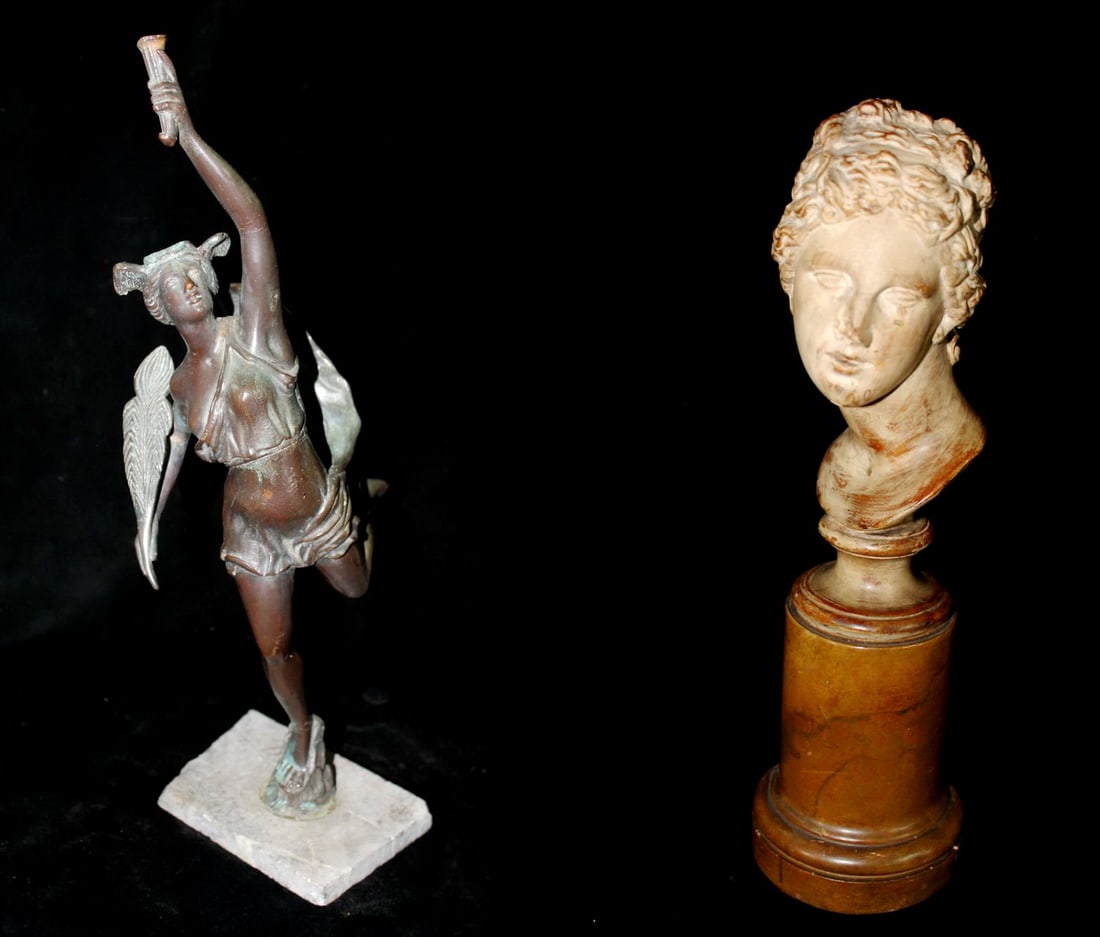 NEOCLASSICAL BRONZE, UNSIGNED, (NIKE?) SOME REPAIRS AND LOSSES, 16.5"H AND SMALL BUST (NEEDS (1 of 16)