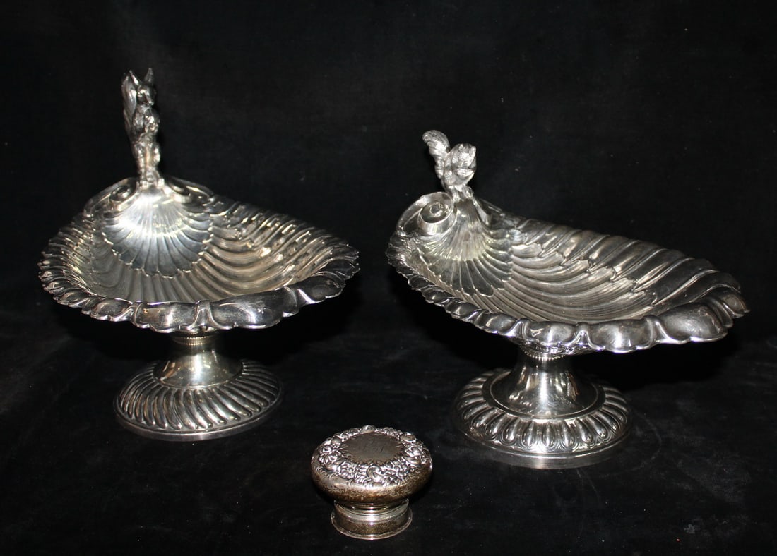 TWO SILVERPLATE SQUIRREL NUT DISHES AND STERLING JAR LID, 8.5 X 8 X 10.5 LARGEST (1 of 9)