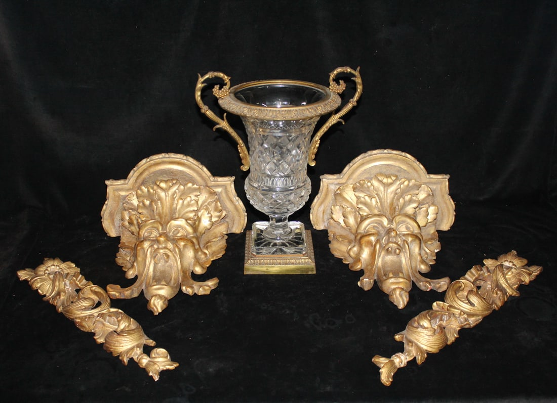 CRYSTAL AND GILT URN, GILT "GREEN MAN" WALL SHELVES, GILT FLORAL AND ACANTHUS EMBELLISHMENT, 12.5 X (1 of 20)