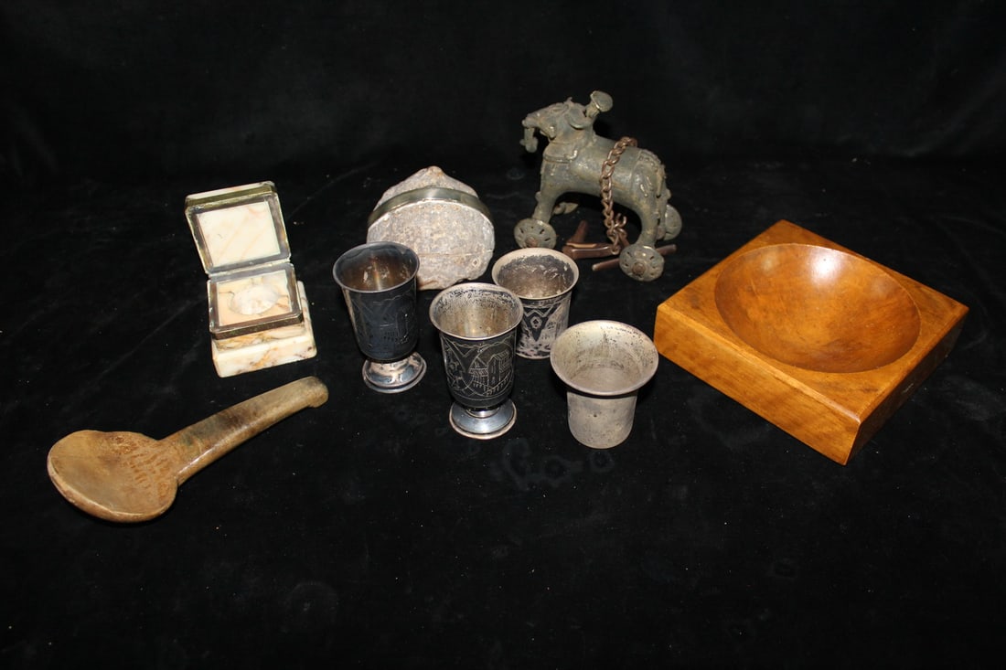 COLLECTION OF STONE, WOOD, AND METAL ITEMS, INC.. INKWELL, LADLE, STONE W STERLING BAND, 2 X 6.5 X (1 of 9)