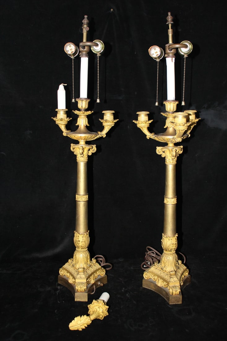 PAIR OF BRASS COLUMN LAMPS WITH ACANTHUS LEAF DETAIL, ONE ARM OFF (SCREW LOST) 31.5"H (1 of 15)