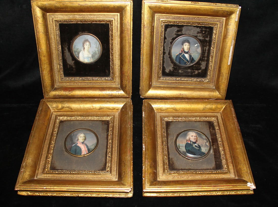 GROUP OF FOUR 19C FRENCH PORTRAITS ON PORCELAIN UNDER GLASS W VELVET MATS AND GILT FRAMES, 9 X 8.5 (1 of 14)
