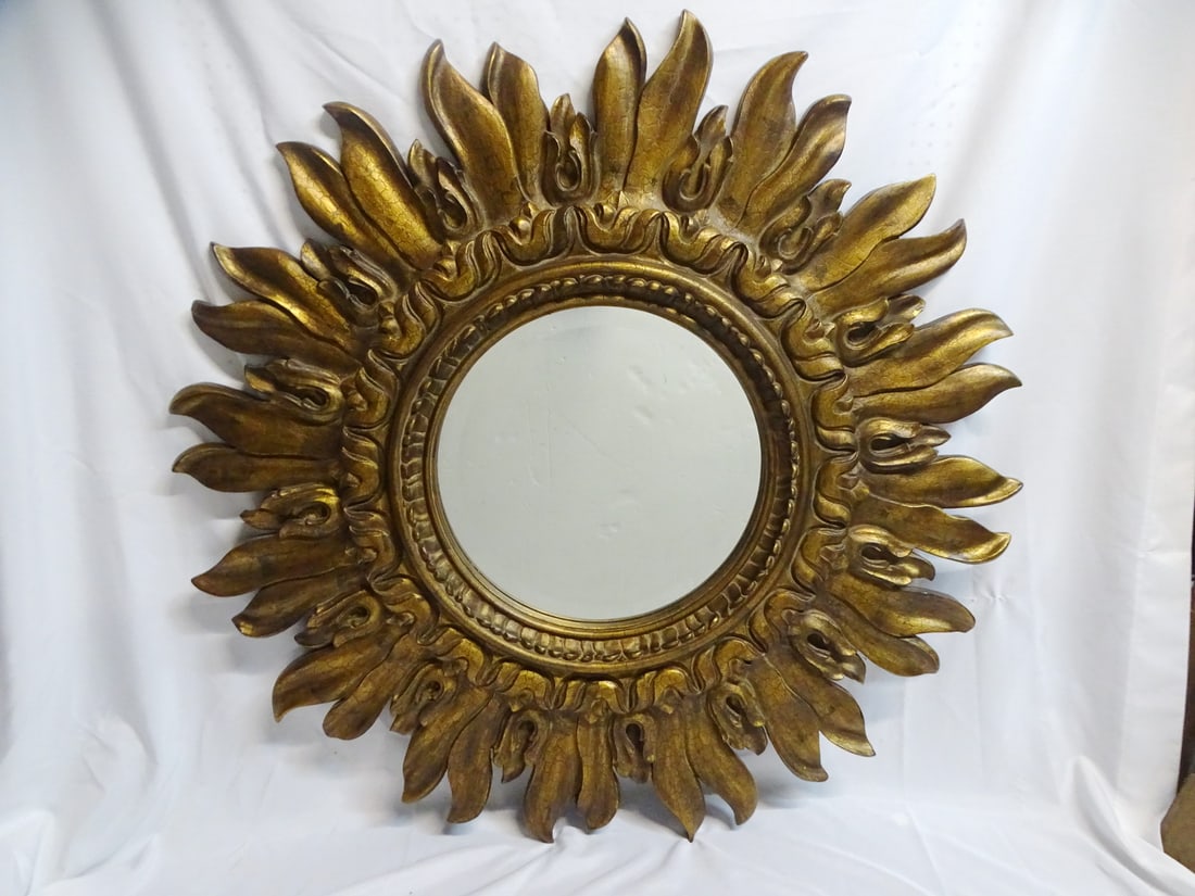 GILT FRAMED LARGE BAROQUE STYLE COMPOSITION SUNBURST MIRROR, 48" DIA. (W 238) (1 of 10)