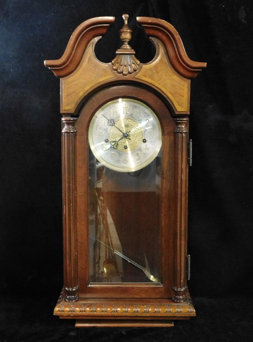 SLIGH GERMAN WALL CLOCK FRANZ HERMLE, WORKS 30 1/2" X 14 1/2" X 7 1/2": SLIGH GERMAN WALL CLOCK FRANZ HERMLE, WORKS 30 1/2" X 14 1/2" X 7 1/2"