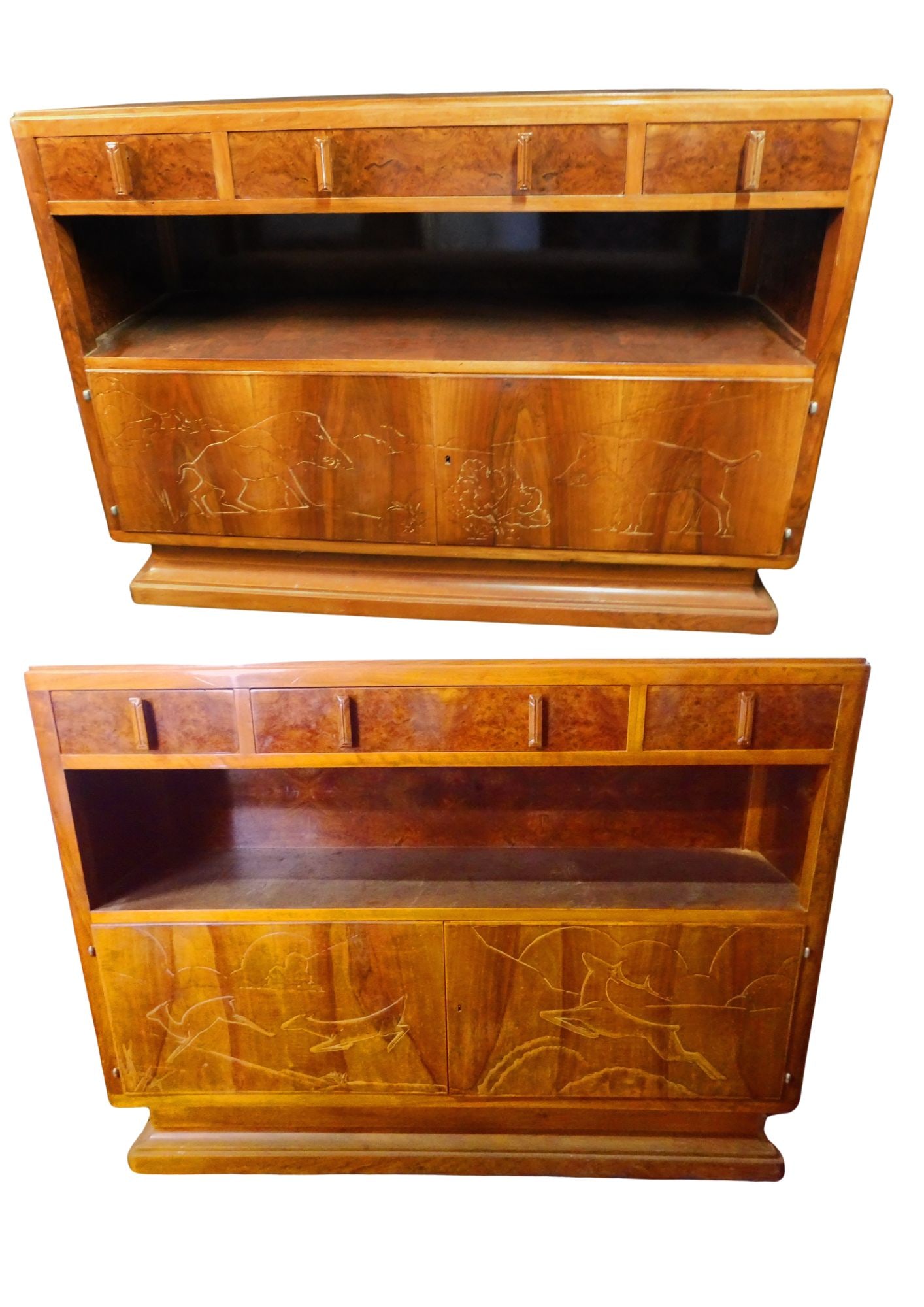 ESTATE OF SEYMOUR STEIN: PAIR ART DECO BURLED WOOD 2 DOOR CONSOLES, INLAID, 3 DRAWER W/DEER AND BOAR (1 of 20)
