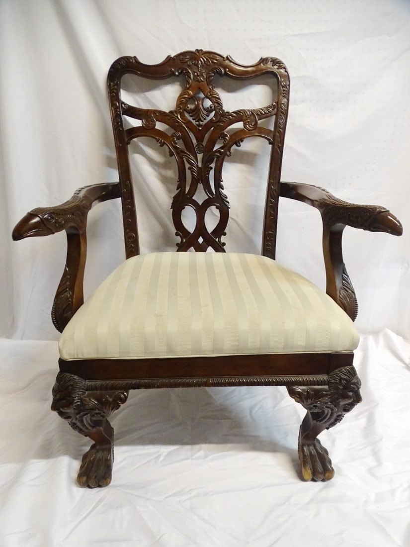 CHIPPENDALE STYLE ARM CHAIR: , OVERSIZED, MAHOGANY, BIRD CARVED ARM CHAIRS (1 of 20)