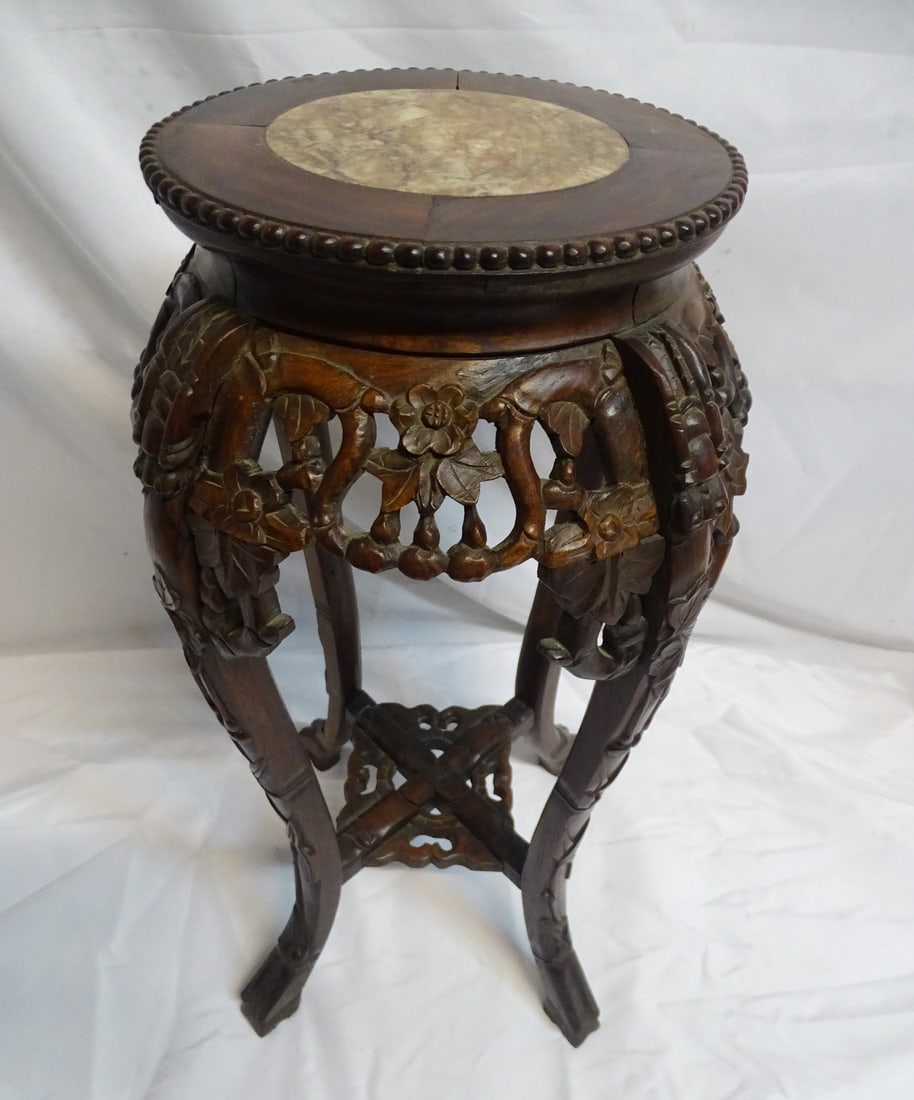 HEAVILY  CARVED TABOURET WITH MARBLE INSERT 27'H X 13.5'DIA. (1 of 9)