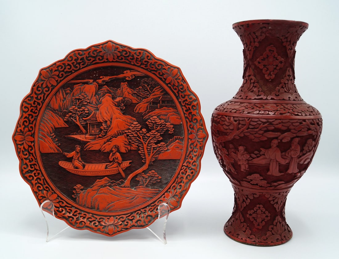 CINNABAR VASE AND PLATE 10'H TALLEST (D 506): CINNABAR VASE AND PLATE 10'H TALLEST (D 506)