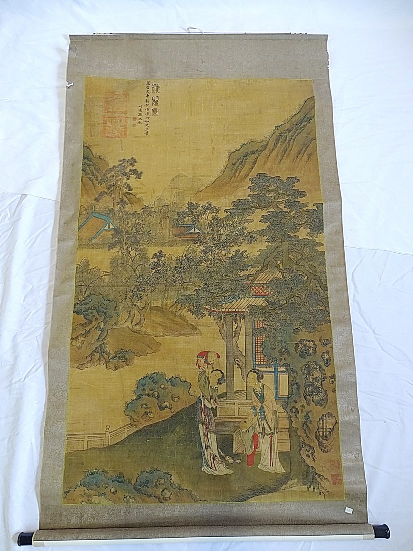 SIGNED ANTIQUE CHINESE SCROLL ON "LANDSCAPE W/ WOMEN AND CHILDREN" 63" X 39" (1 of 14)