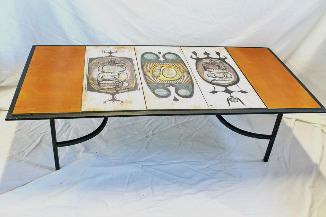 VINTAGE PIERRE SAINT PAUL SIGNED CERAMIC TILE TOP COFFEE TABLE WITH AN IRON BASE 18" X 60" X 30" (1 of 19)