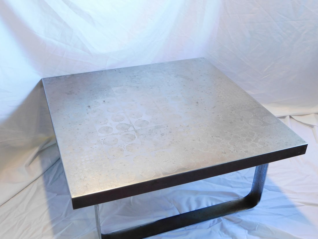 HEINZ LILIENTHAL (?) ETCHED STEEL COFFEE TABLE 17" X 39 1/2" X 39 1/2": HEINZ LILIENTHAL (?) ETCHED STEEL COFFEE TABLE 17" X 39 1/2" X 39 1/2"
