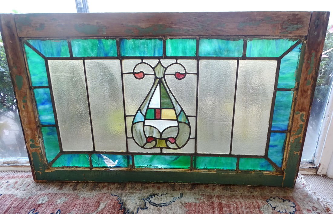 ALL ORIGINAL 1920'S LEADED GLASS WINDOW, SOME LOSSES 22" X 36" (X 71) (1 of 11)