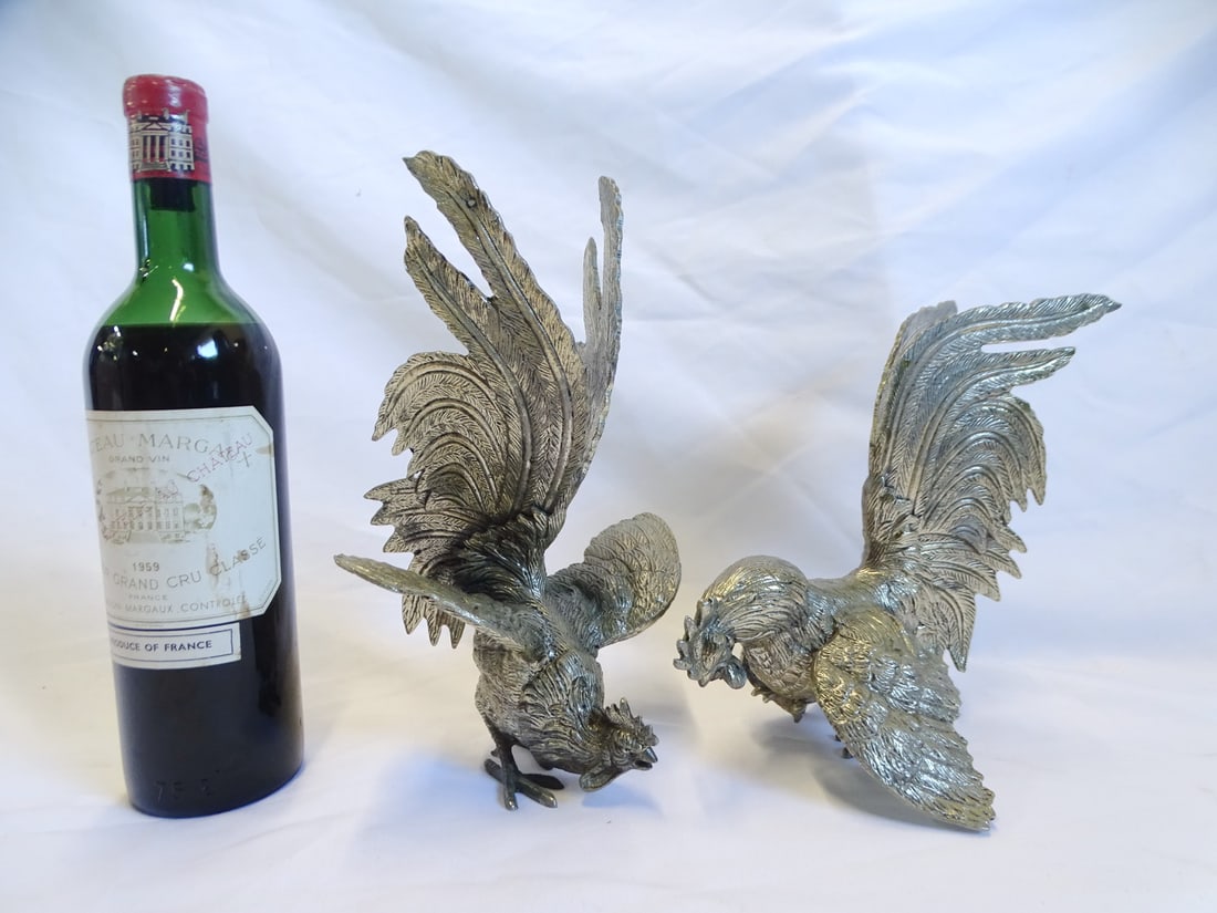 LIVING ESTATE OF JOSEPH RODANO: PAIR OF SILVERPLATE FIGHTING COCKS 8.5 X 9 (1 of 16)