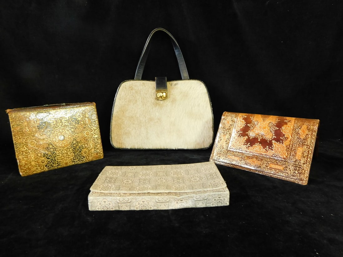 4 VINTAGE BAGS (2) GOLD TONED HAND MADE LEATHER (7 3/4" X 5"); 1 HIDE & 1 BROCADE (1 of 13)