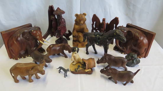 LOT OF CARVED WOODEN FIGURES AND ANIMALS 12+: LOT OF CARVED WOODEN FIGURES AND ANIMALS 12+