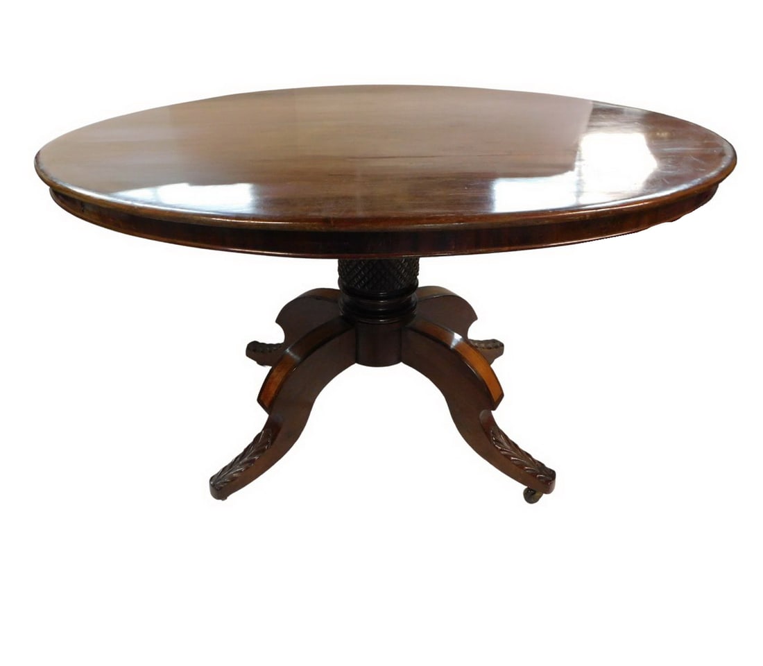 19c CLASSICAL OVAL PEDESTAL CENTER BREAKFAST WITH PINEAPPLE PILLAR, INLAY, AND CARVED ACANTHUS LEGS (1 of 15)