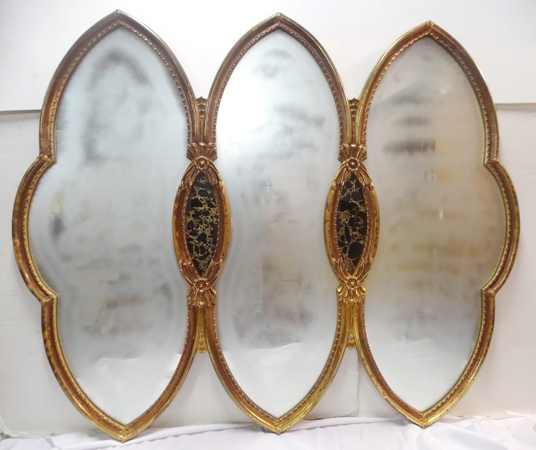 VINTAGE GILT WOOD THREE PART CONSOLE MIRROR W/EGLOMISE PANELS 50 X 59.5 (1 of 11)
