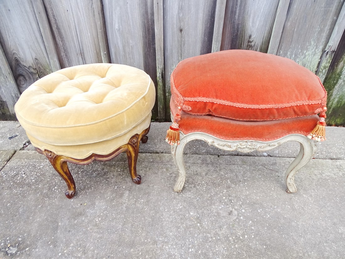 2 LOUIS XV STYLE UPHOLSTERED FOOT STOOLS (1) PAINT DECORATED (1) CIRCULAR (TALLEST IS 22" X 23" X (1 of 16)