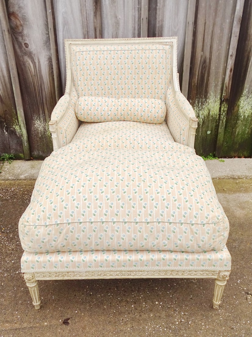 LOUIS XVI STYLE PAINT DECORATED UPHOLSTERED LOW ARM CHAIR AND OTTOMAN (CHAIR IS 36 1/2" X 32 1/2" X (1 of 20)