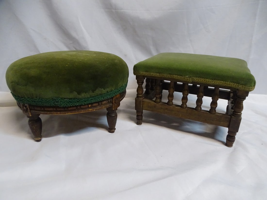 2 ANTIQUE GREEN VELVET UPHOLSTERED FOOT STOOLS 8 1/2 X 14'DIA. (1 of 12)