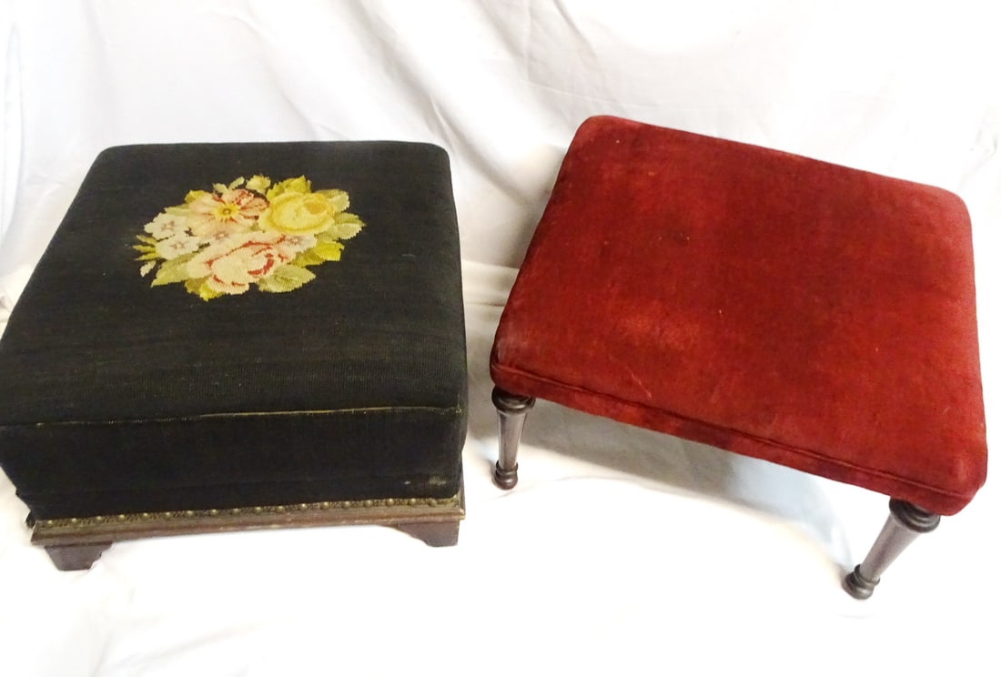 2 ANTIQUE FOOT STOOLS 1 NEEDLEPOINT 1 VELVET UPHOLSTERED. 14 1/2 X 21 X 18 1/2 LARGEST (1 of 16)