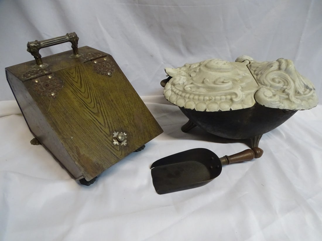 2 COAL SCUTTLES ; 1 FAUX BOIS METAL, 1 CAST IRON, 14X10X17 TALLEST (1 of 20)