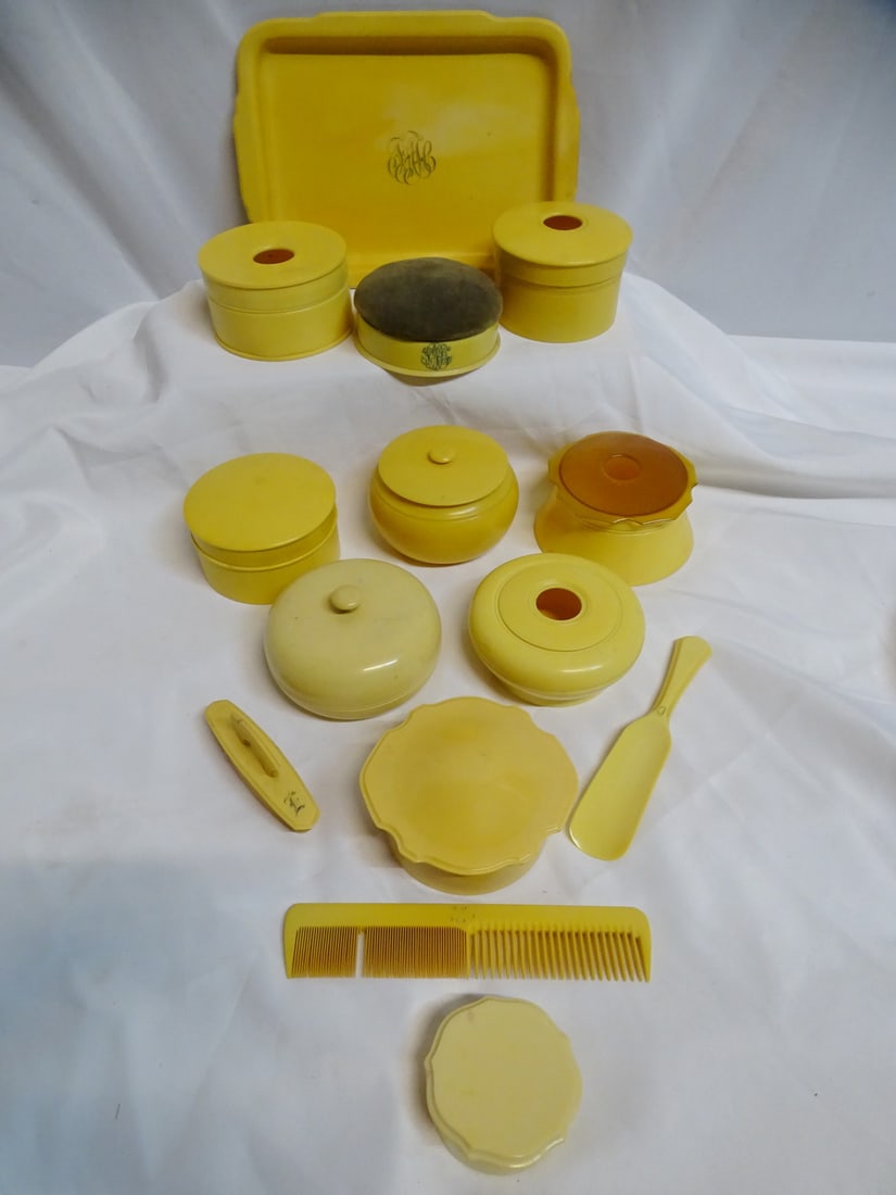 GROUP OF VINTAGE CELLULOID DRESSER ITEMS INC.. GREY PIN CUSHION (1 of 8)
