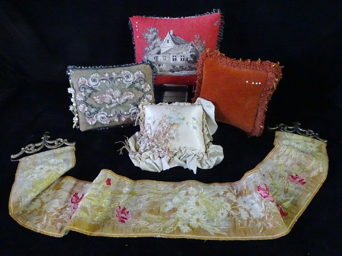 GROUP OF 4 ANTIQUE VICTORIAN PINCUSHIONS INCLUDING PETTIPOINT, 8X10 LARGEST PINCUSHION AND BELLPULL (1 of 20)
