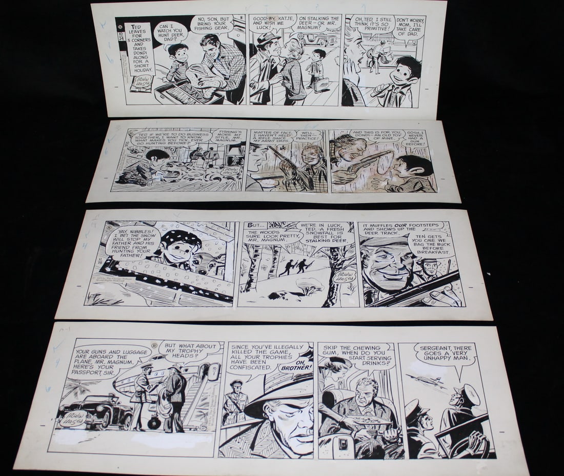 "DONDI" BY IRWIN HASAN, ORIGINAL DAILY COMIC STRIPS, 1970, HUNTING, 4 PCS. DAILIES LARGEST, 6.5X18.5 (1 of 11)