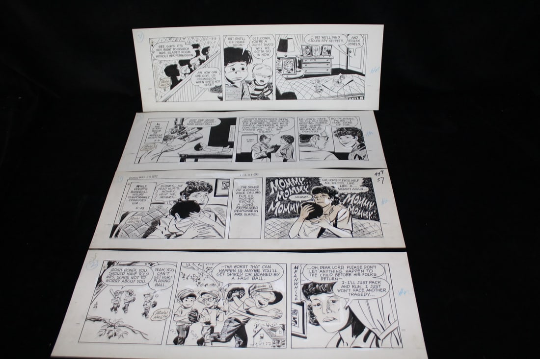 "DONDI" BY IRWIN HASAN, ORIGINAL DAILY COMIC STRIPS, 1972, MRS. SLADE, 4 PCS. DAILIES LARGEST (1 of 10)