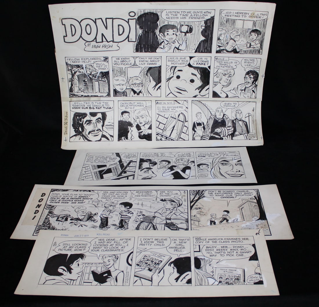 "DONDI" BY IRWIN HASAN, ORIGINAL DAILY COMIC STRIPS, LILY DAWS AND MORE, 4 PCS. TOTAL, 3 DAILIES AND (1 of 14)
