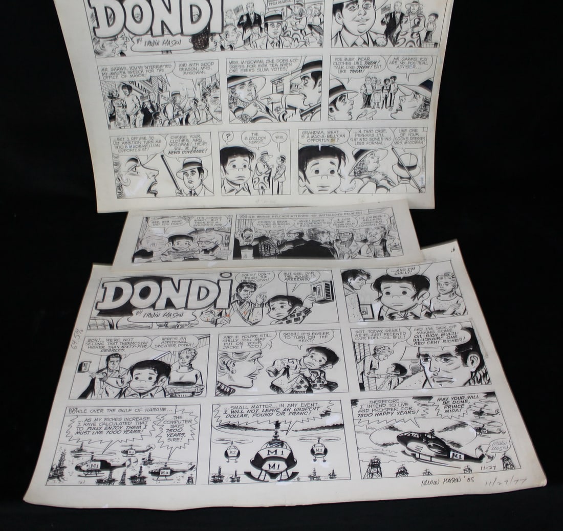 "DONDI" BY IRWIN HASAN, ORIGINAL DAILY COMIC STRIPS, 1976, 1977, 1978. PRINCE MIDA AND 2 POLITICAL, (1 of 15)