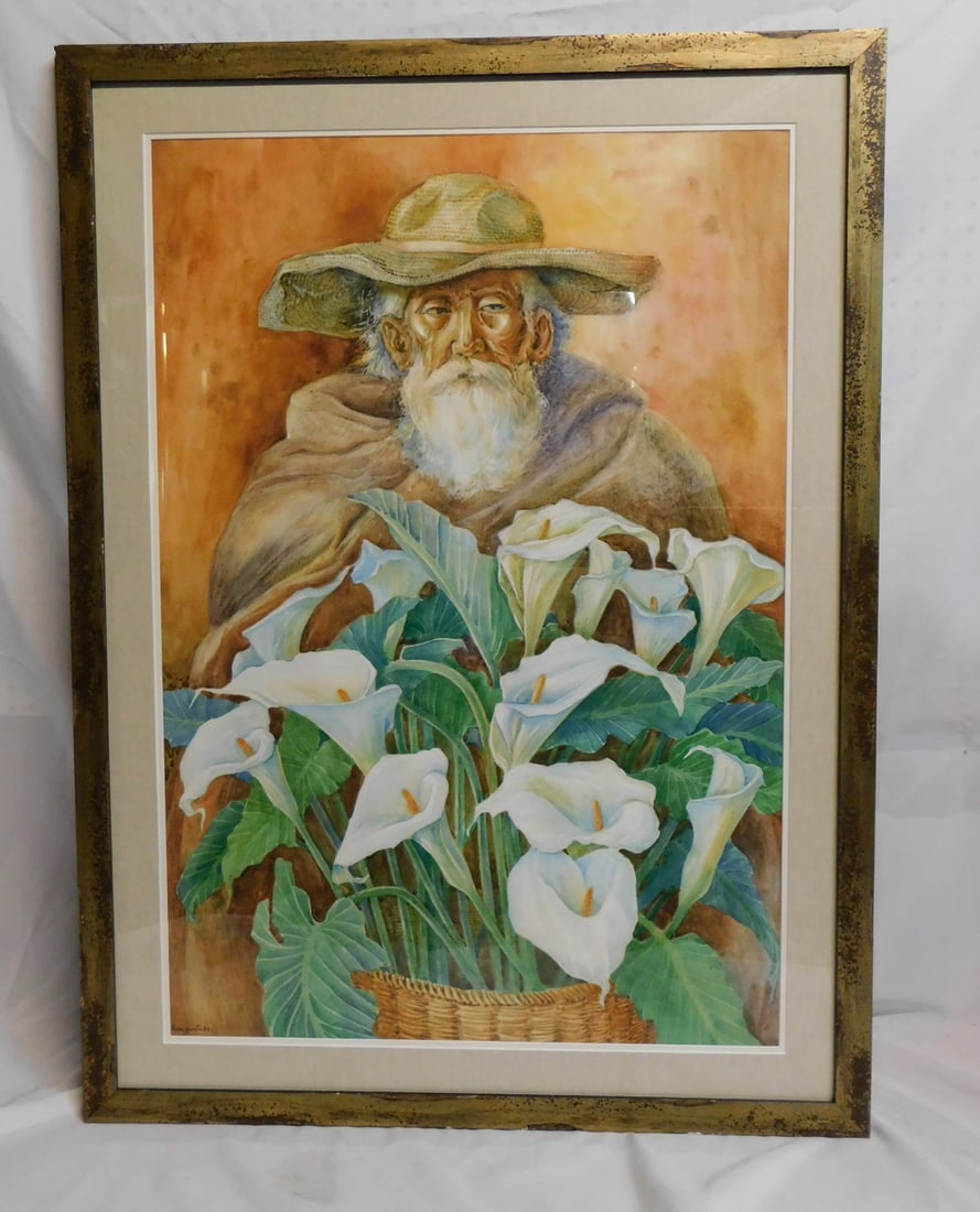 LIVING ESTATE OF JOSEPH RODANO: LARGE MEXICAN FOLKART WATERCOLOR, FARMER WITH FLOWERS, SIGNED LEON (1 of 10)