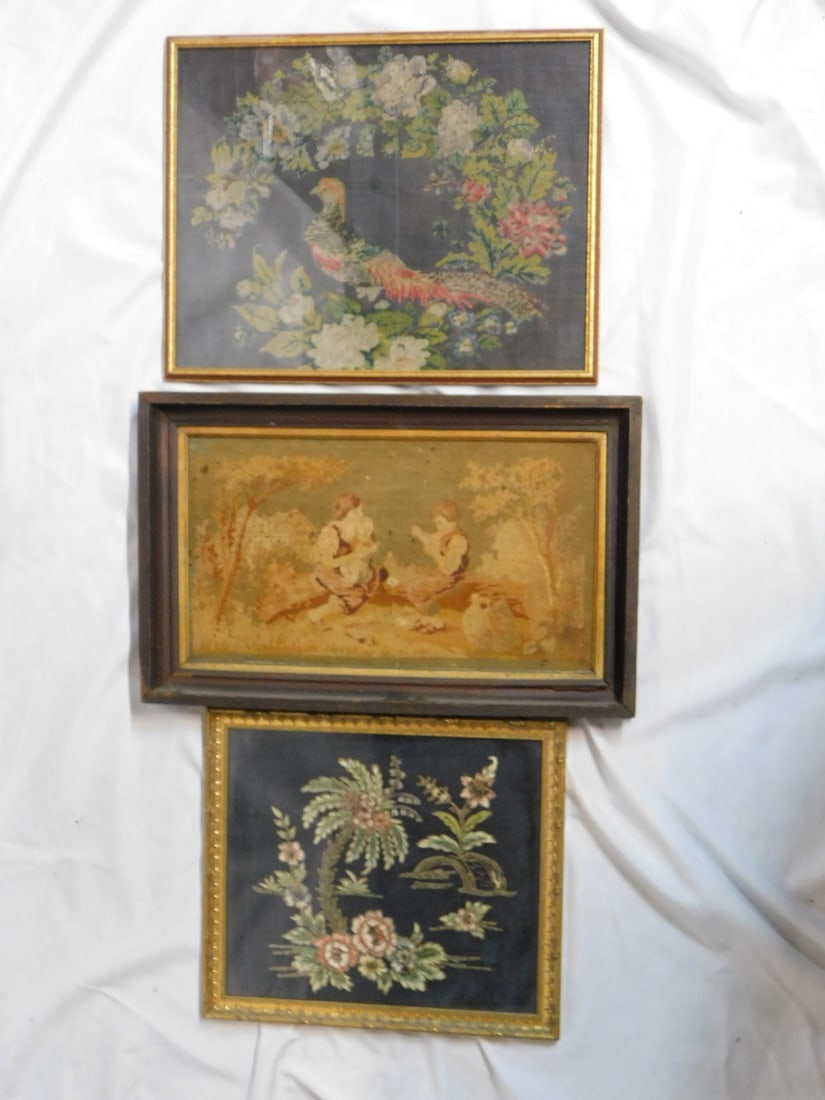 3 FRAMED NEEDLEPOINT SAMPLERS, LARGEST 15X19 OVERALL: 3 FRAMED NEEDLEPOINT SAMPLERS, LARGEST 15X19 OVERALL