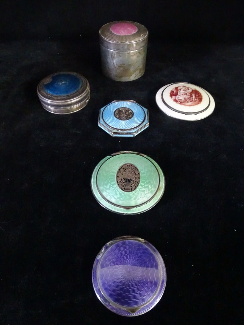 6 SILVER AND ENAMEL COMPACTS 3H X 2.5 LARGEST, SOME LOSSES (1 of 20)