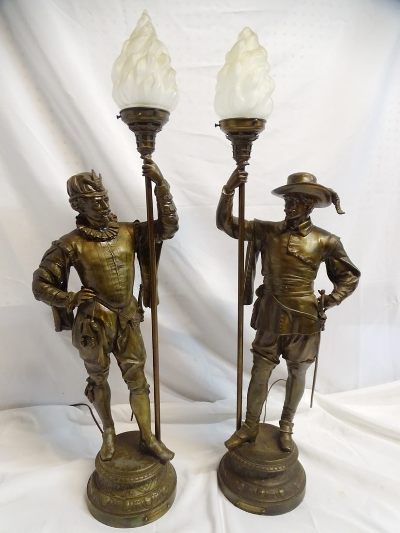 PAIR OF WHITE METAL CAVALIER LAMPS W/FROSTED FLAME SHADES 39" HIGH: PAIR OF WHITE METAL CAVALIER LAMPS W/FROSTED FLAME SHADES 39" HIGH