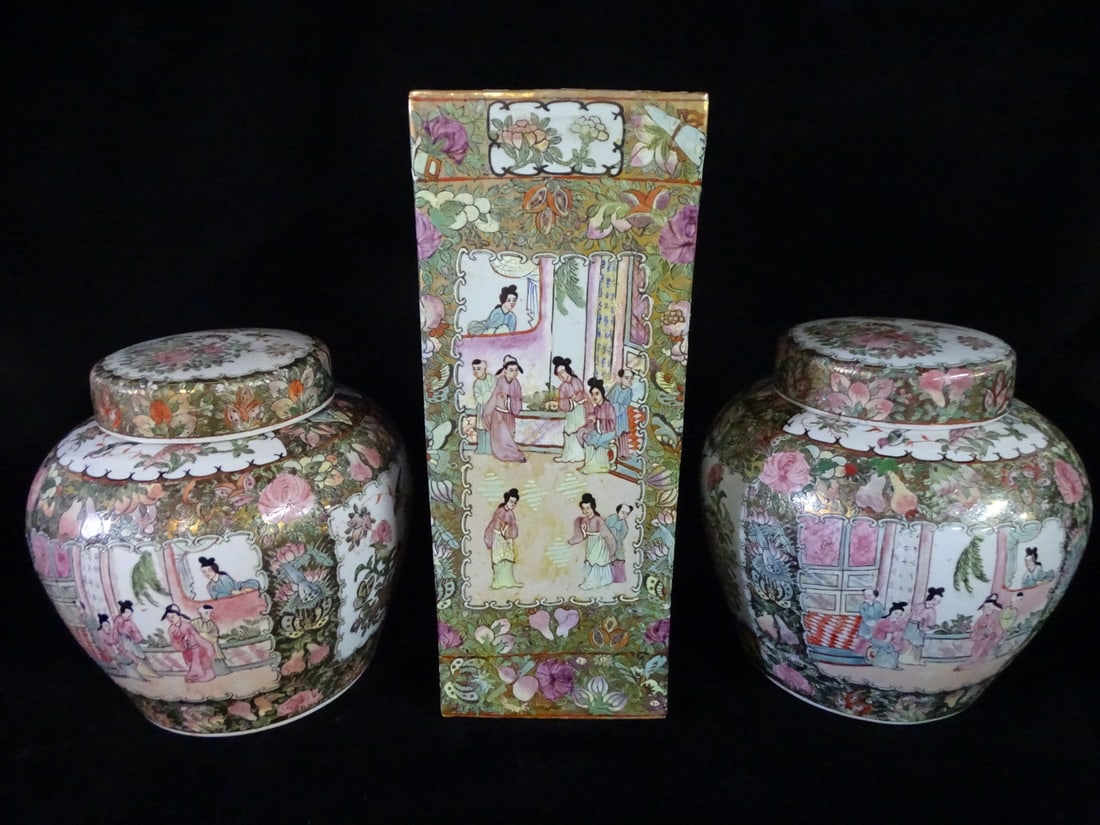 3 FAMILLE ROSE PORCELAIN VESSELS (2) GINGER JARS (1) SQUARE VASE 15 1/2" X 6" X 6" LARGEST: 3 FAMILLE ROSE PORCELAIN VESSELS (2) GINGER JARS (1) SQUARE VASE 15 1/2" X 6" X 6" LARGEST
