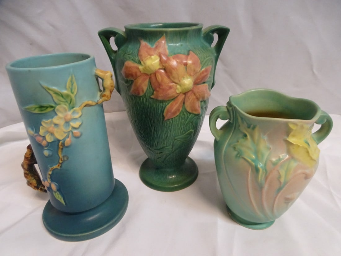 3 ROSEVILLE TWO HANDLED VASES 10 1/2" TALLEST (1 of 19)