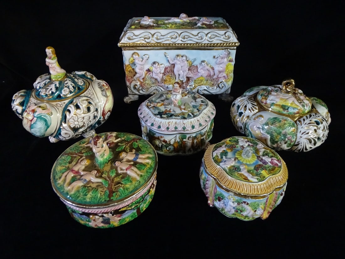 COLLECTION OF 6 CAPODIMONTE COVERED VESSELS INC. HINGED BOX/CASKET 7 1/2" X 11 1/4" X 6 1/2" (1 of 20)
