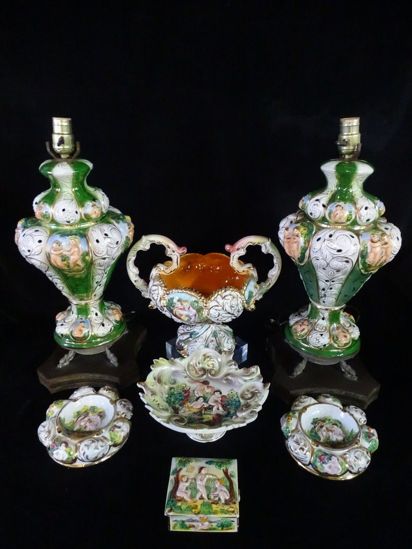 7 PIECES CAPODIMONTE PORCELAIN, INC. PAIR OF LAMPS, 2 ASHTRAYS, 2 HANDLED BOWL LAMPS 22" HIGH (1 of 17)
