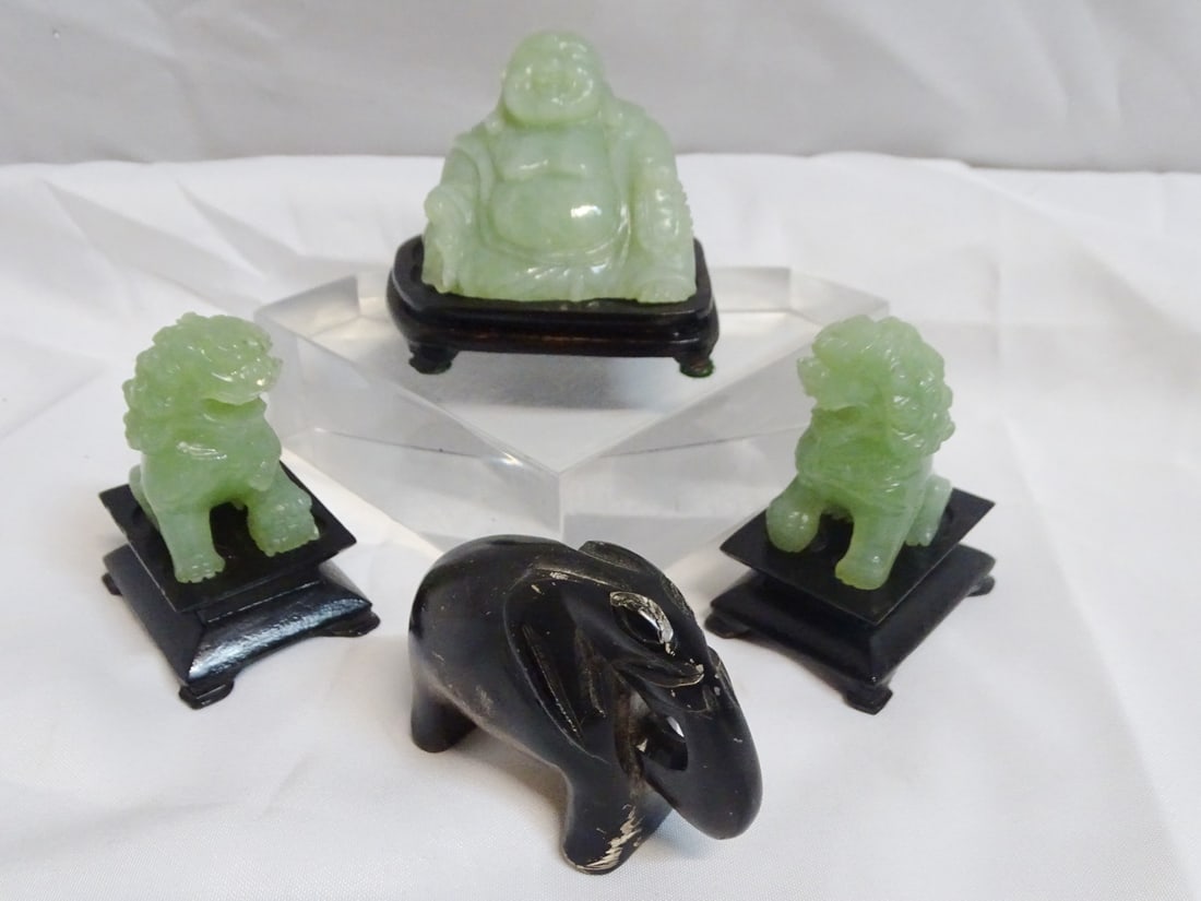 GROUP OF 4 JADEITE AND STONE FIGURES INC. BUDDHA ON STAND 3" HIGH TALLEST: GROUP OF 4 JADEITE AND STONE FIGURES INC. BUDDHA ON STAND 3" HIGH TALLEST