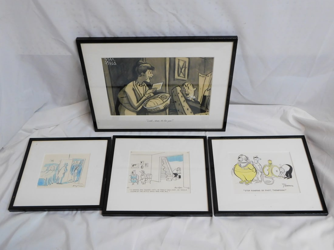 FOUR ORIGINAL HANDRAWN CARTOON ILLUSTRATIONS INC. PETER ARNO AND TOM HENDERSON, 19.5 X 25 LARGEST (1 of 9)