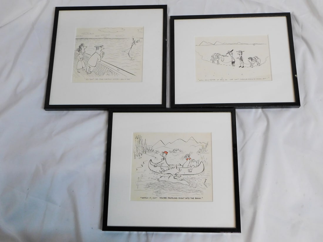 THREE ORIGINAL HANDRAWN CARTOON ILLUSTRATIONS SIGNED VIRGIL PARTCH (VIP) 16.5 X 17 LARGEST (1 of 4)