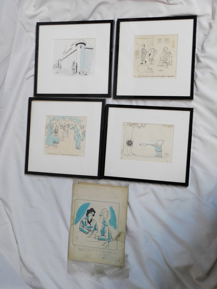 FIVE ORIGINAL HANDRAWN CARTOON ILLUSTATIONS INC. BILL KING AND BOB SCHOENKE, 16 X 16 LARGEST (1 of 7)